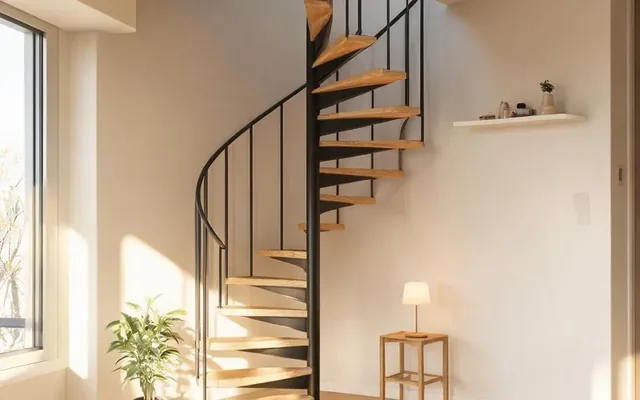 Escalier colimaçon en bois et métal dans un petit appartement à Sion