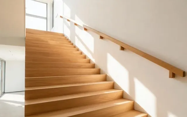 Escalier droit en chêne massif le long d'un mur clair dans une maison de Sion