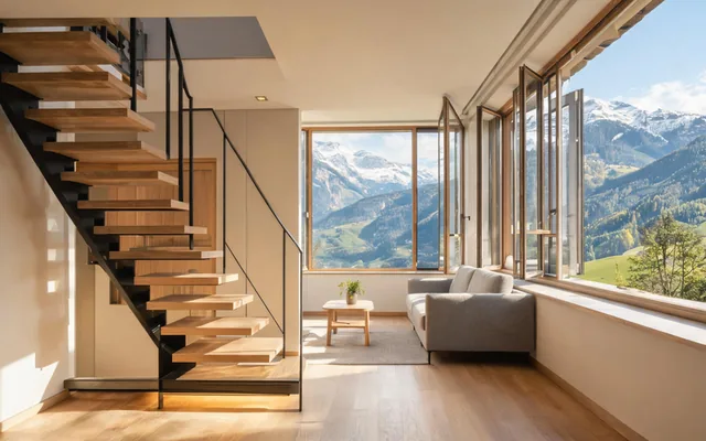 Escalier quart tournant en bois clair et acier noir dans un petit duplex lumineux du Valais