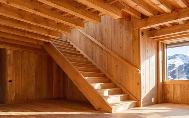 Escalier en bois massif rénové dans un chalet valaisan