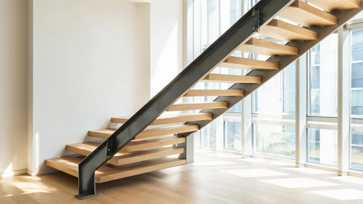 Escalier acier sur mesure à Sion — limon central et marches flottantes