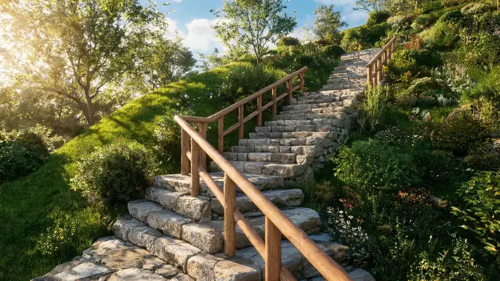 Escalier extérieur sur mesure à Sion — pierre et mélèze pour terrasse et jardin