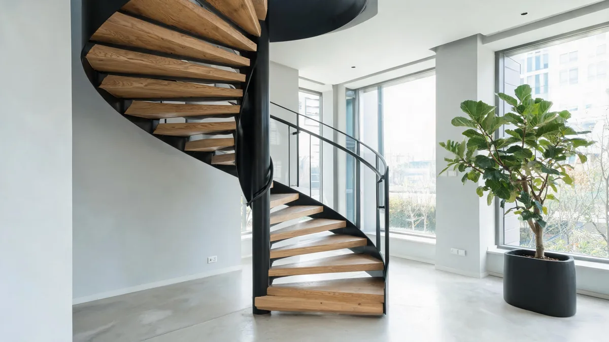 Escalier hélicoïdal sur mesure à Sion — colimaçon bois et métal