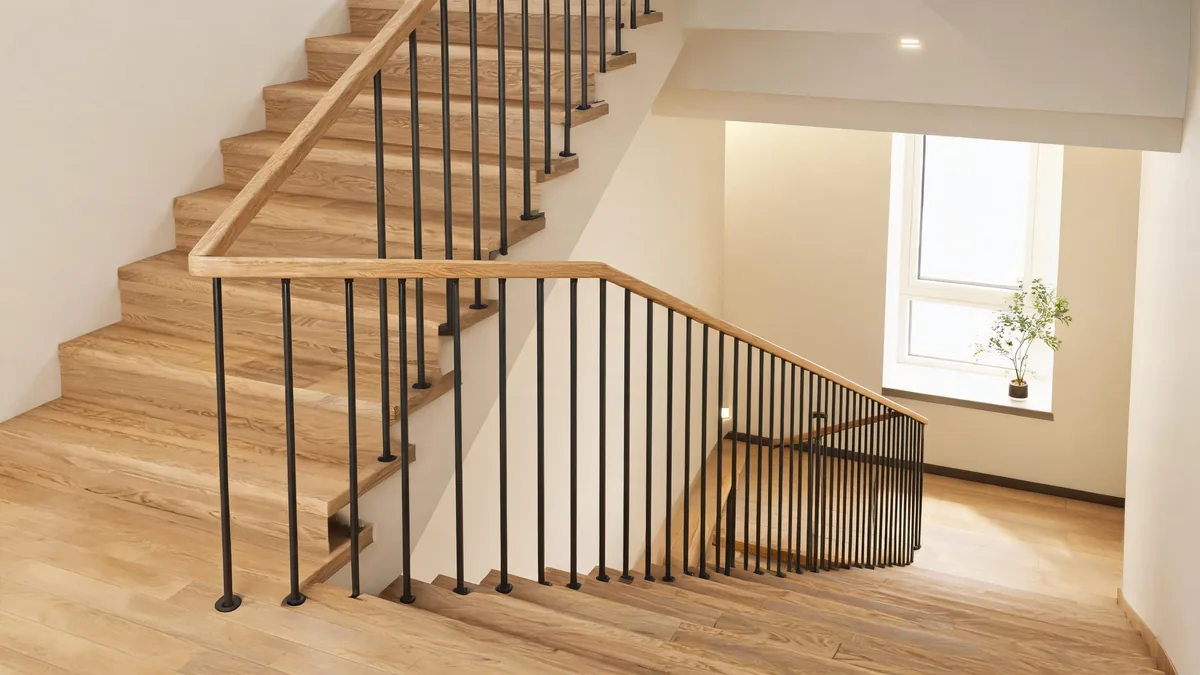Garde-corps sur mesure à Sion — rampe et câbles inox sur escalier bois